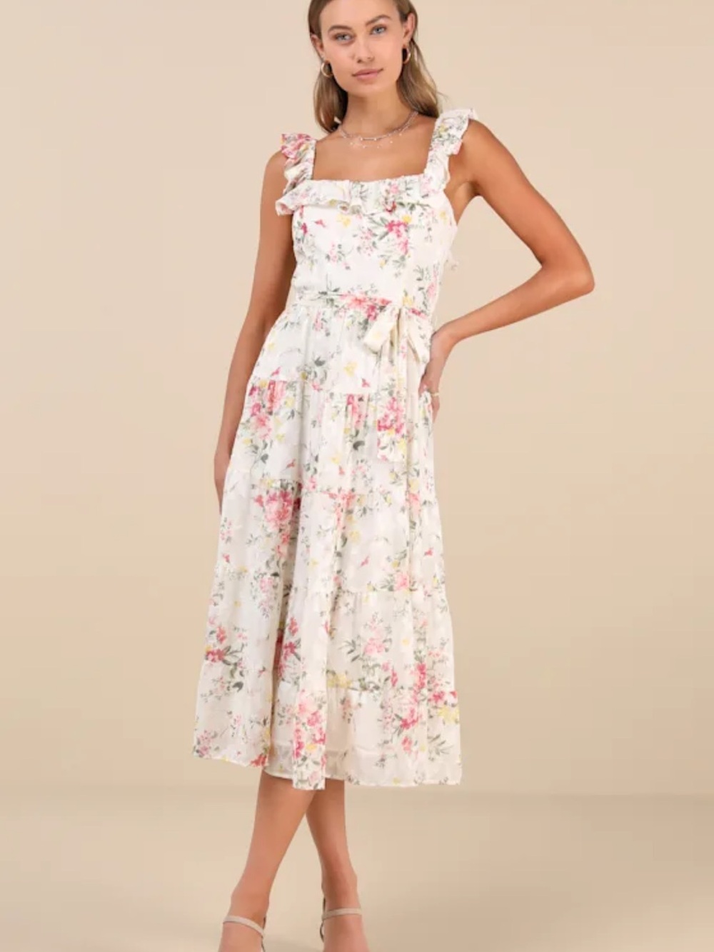 Lulu's Shela Ivory Floral Jacquard Tiered Midi Dress